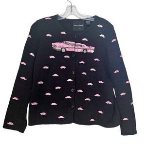 Michael Simon Vintage Pink Cadillac Sequin Beads Cardigan Sweater Cotton Whimsy